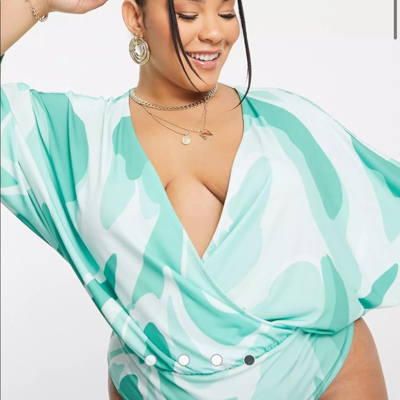 ASOS Curve angel sleeve bodysuit in mint abstract print - Picture 3 of 4